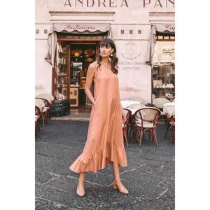 Leroli Pia Ruffled Cotton/Linen Blend Maxi Dress in Terra Cotta size Large